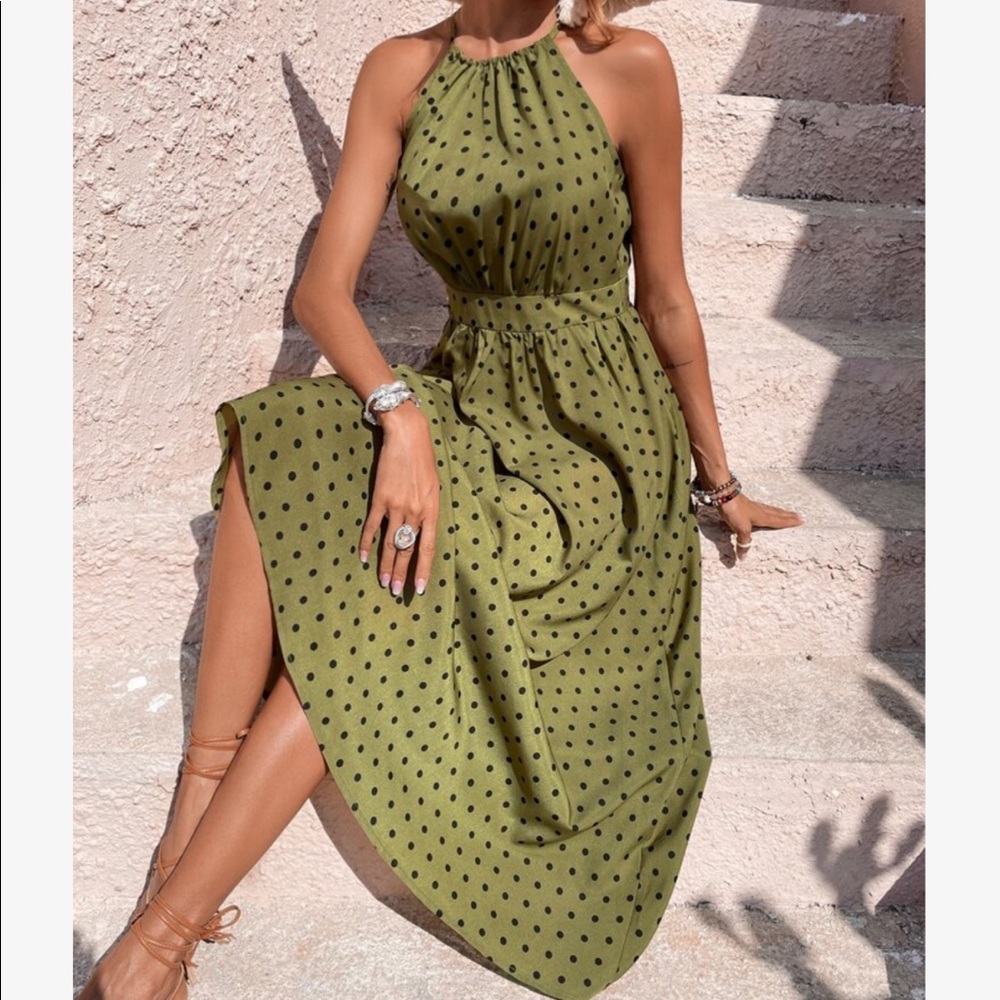 Boho Polka Dot Halter Maxi Dress Brown - Picture 5 of 13